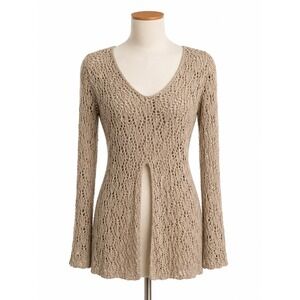 American Attitudes Tan Crochet Knit Long Sleeve Scoop Neck Front Slit Sweater